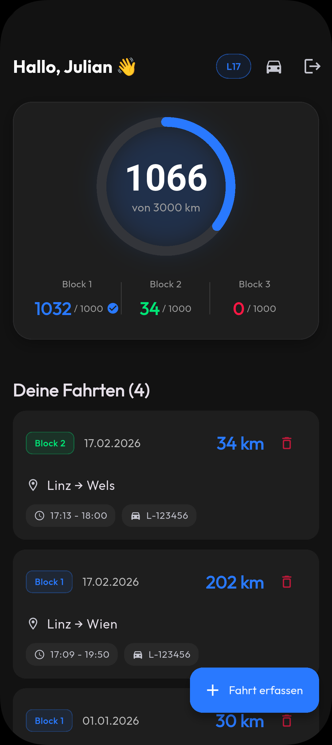 License Buddy Dashboard mit L17-Kilometerfortschritt und aufgezeichneten Fahrten